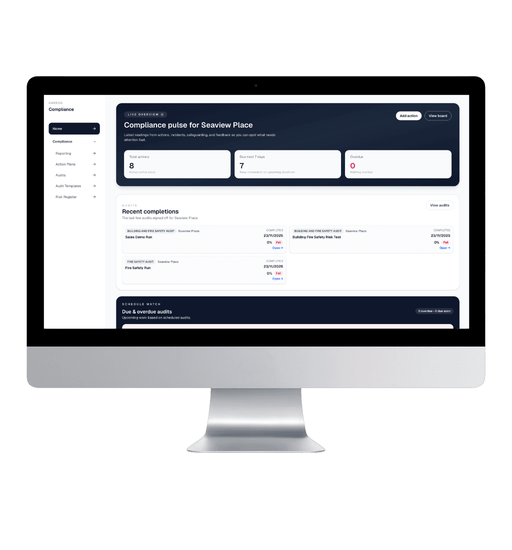 CareOS compliance dashboard on desktop